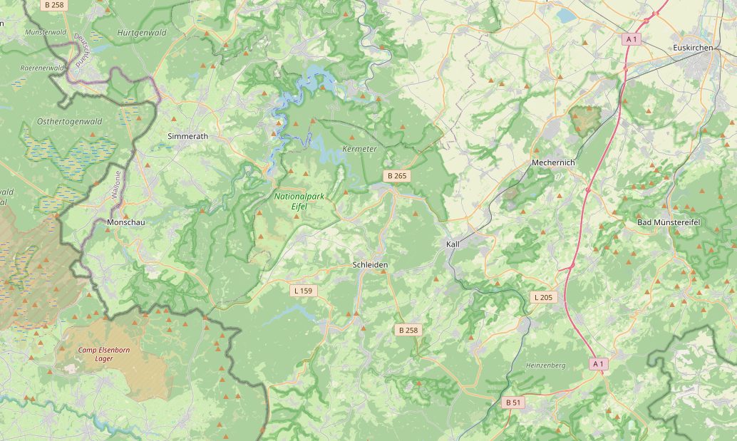 Karte der Nordeifel zwischen Monschau, Schleiden und Euskirchen mit den drei Weihnachtsmärkten
